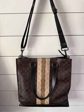 Coach Brown Signature Stripe Tote with Cream Center Stripe